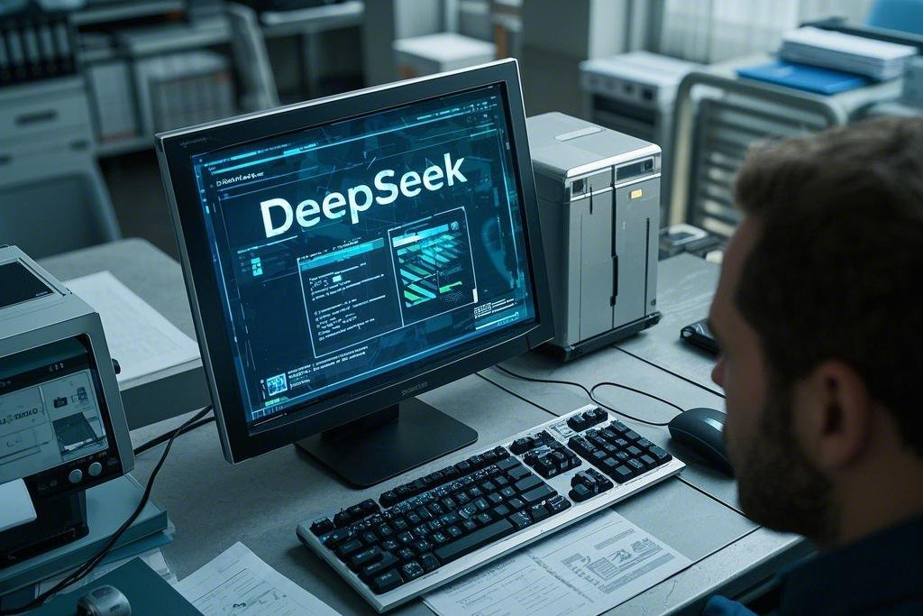 办公场景，如办公桌、电脑、文件等，其中电脑屏幕上显示着由 DeepSeek.jpeg