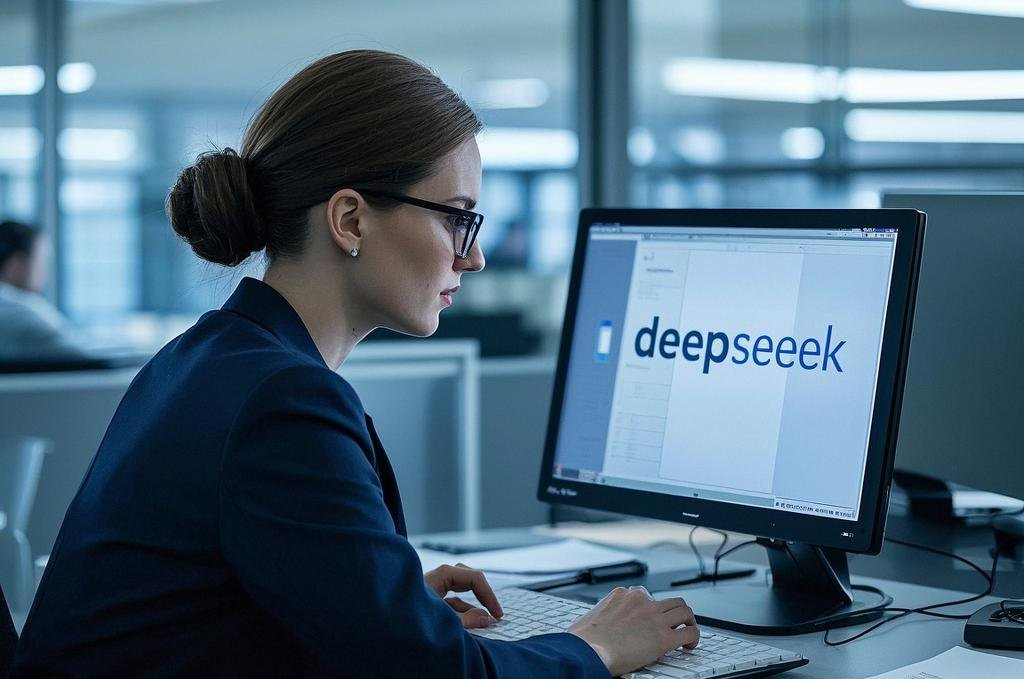 办公场景一个职业女性在电脑上是文案编辑内容右上角有deepseeklogo.jpeg
